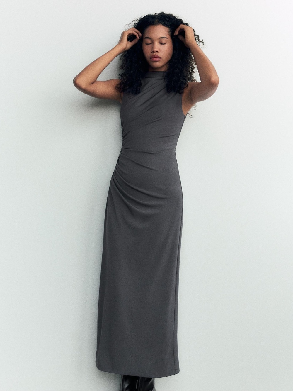 NWT Zara Draped High Neck Midi Dress – Charcoal Gray